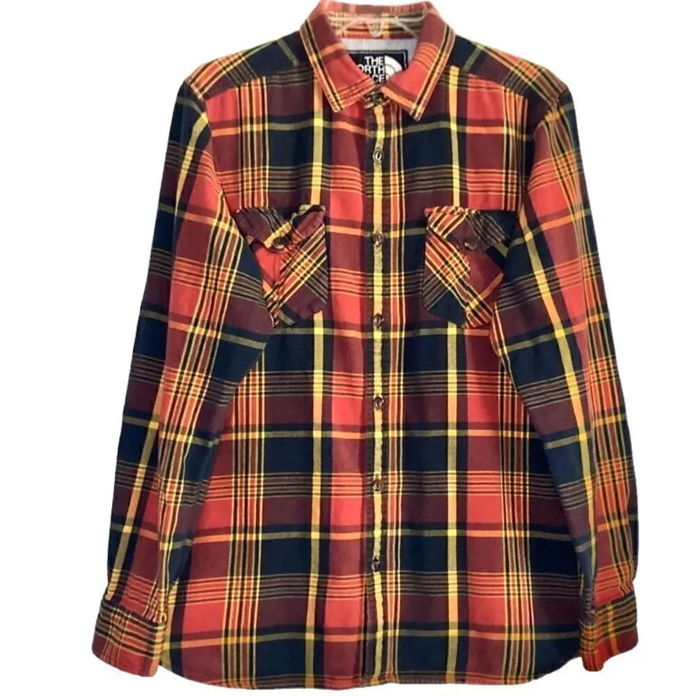 The North Face Plaid Flannel Button Down in Rust/Gold/Navy Men’s M